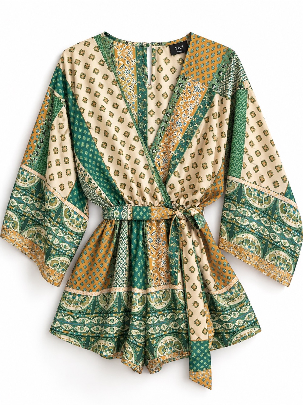 VICI | Patchwork Paisley Kimono Sleeve Belted Romper Size Small Boho Festival